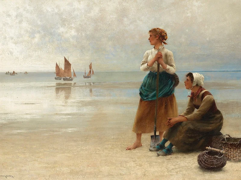 1852-August Hagborg - Ragazze che raccolgono ostriche, Bretagna